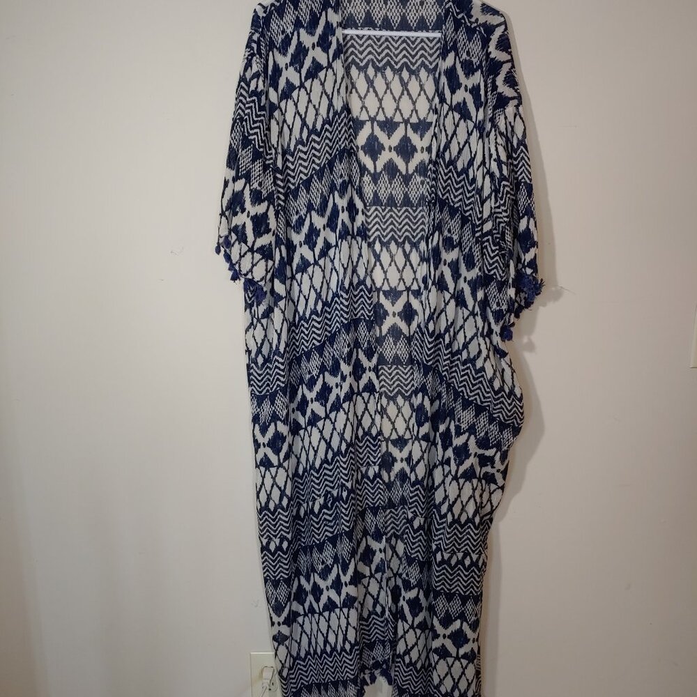 Lovestitch Cotton Modal Blend Maxi Tassel Trim Maxi Kimono Cardigan Sz S/M Blue